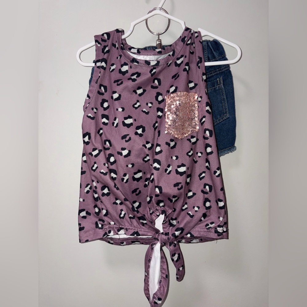Unbranded Boutique‎ Set Purple Leopard Tank Jean Shorts Sequins Girls S Tie Knot